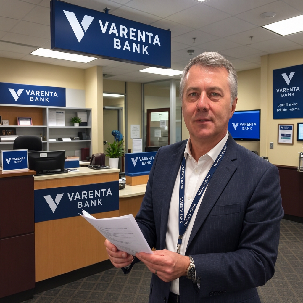 A VARENTA BANK banker holding account documents inside a VARENTA BANK branch